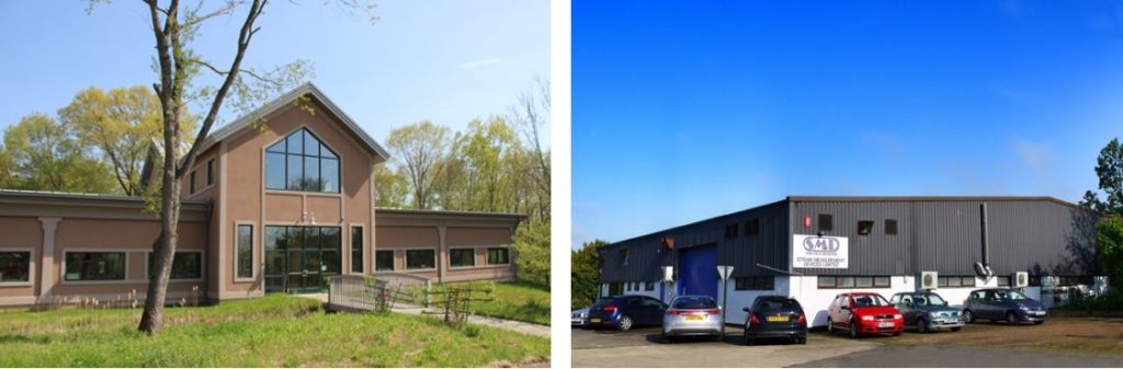 Outside views of two industrial buildings side by side.